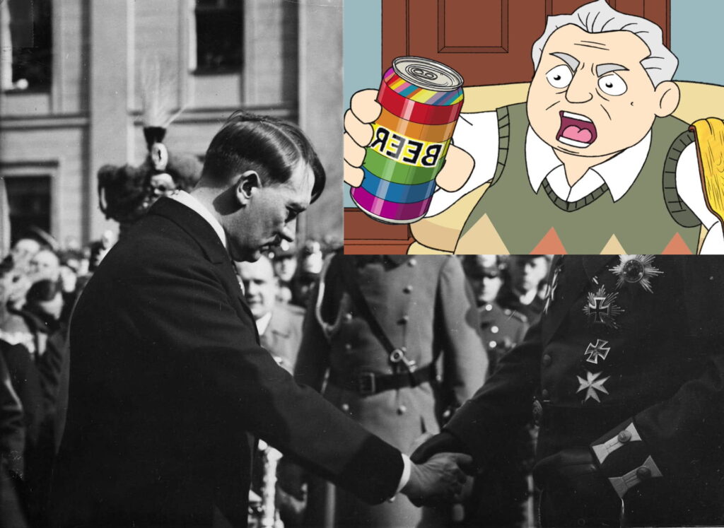 The New Norm father angrily holding up a can o’ rainbow queer beer as Hitler gets sworn in as chancellor.